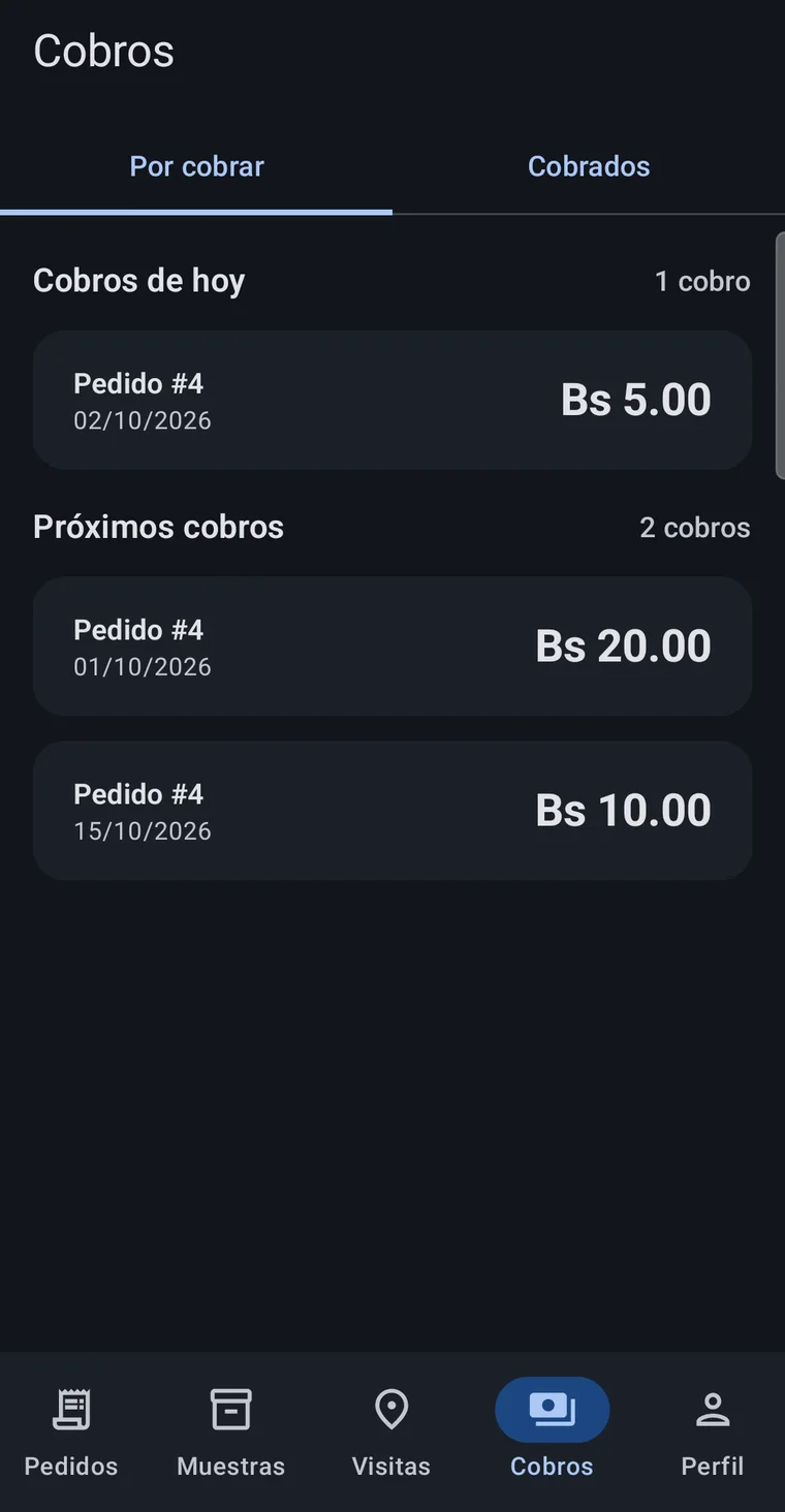 Cobros del día y próximos cobros del promotor