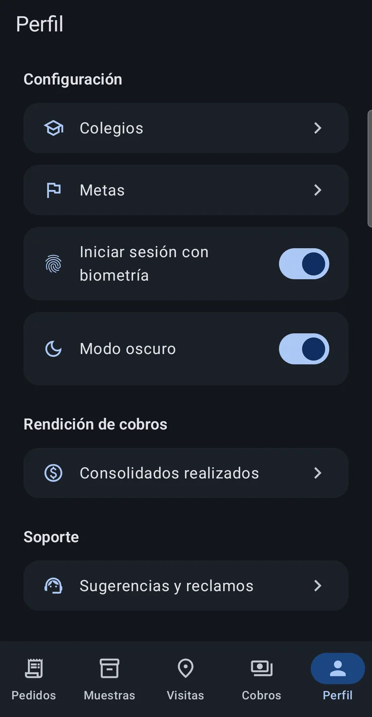 Perfil del promotor con metas, huella, modo oscuro y sugerencias