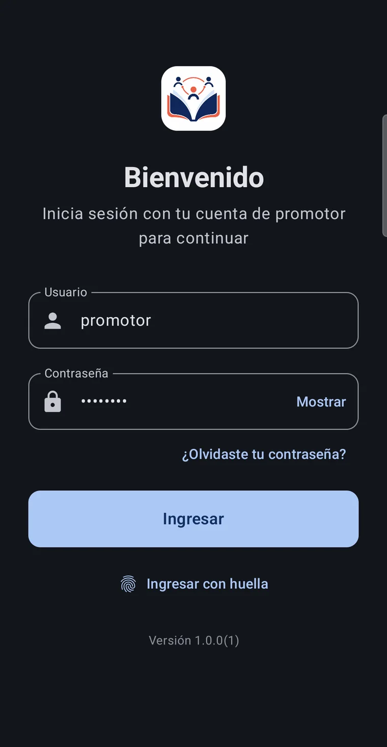 Pantalla de ingreso de la app del promotor, con opción de huella