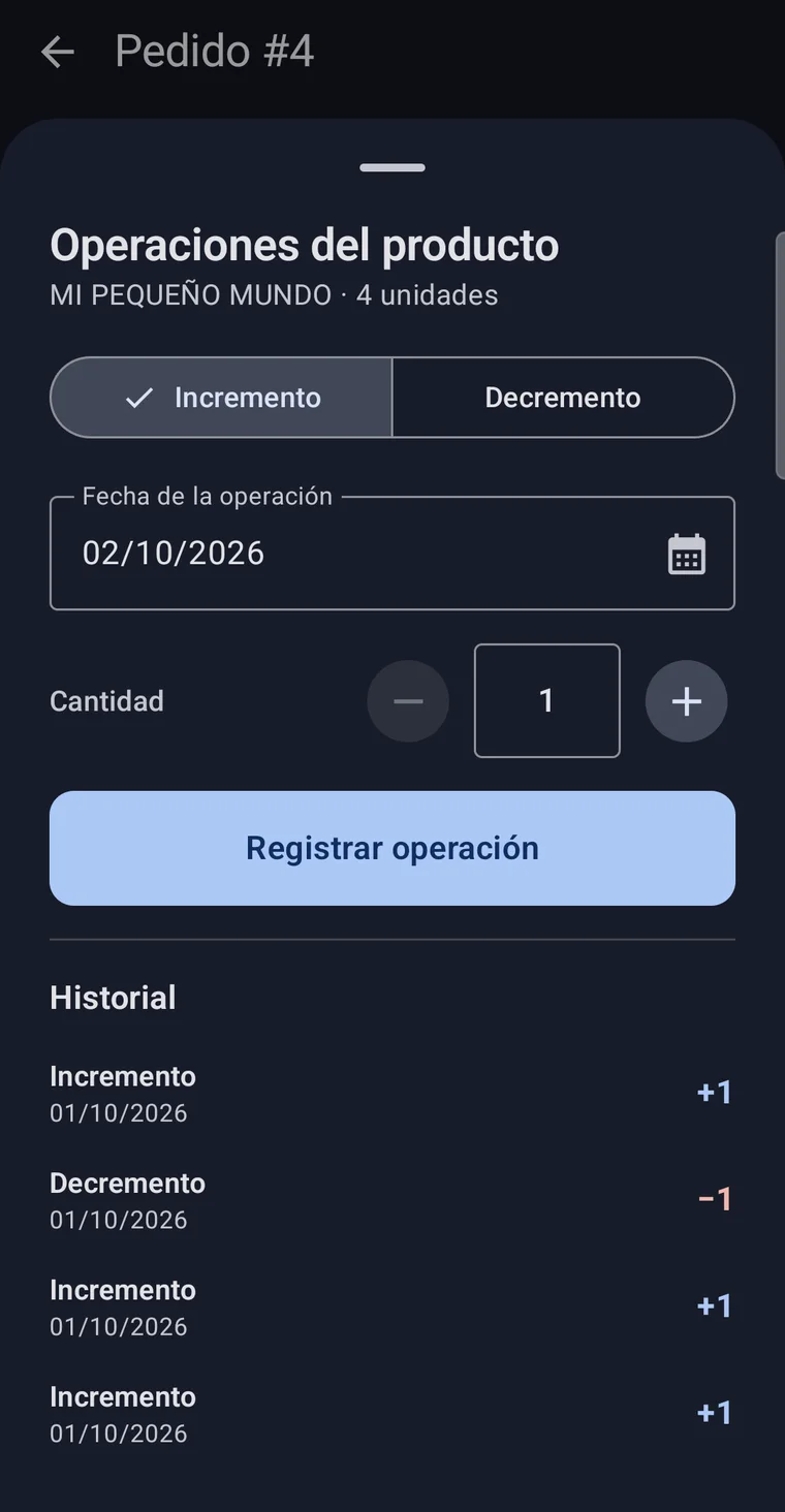 Hoja para registrar un incremento o decremento de producto, con historial