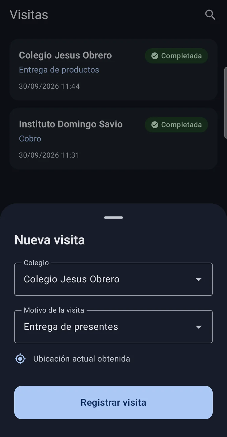 Lista de visitas y formulario de nueva visita con ubicación obtenida