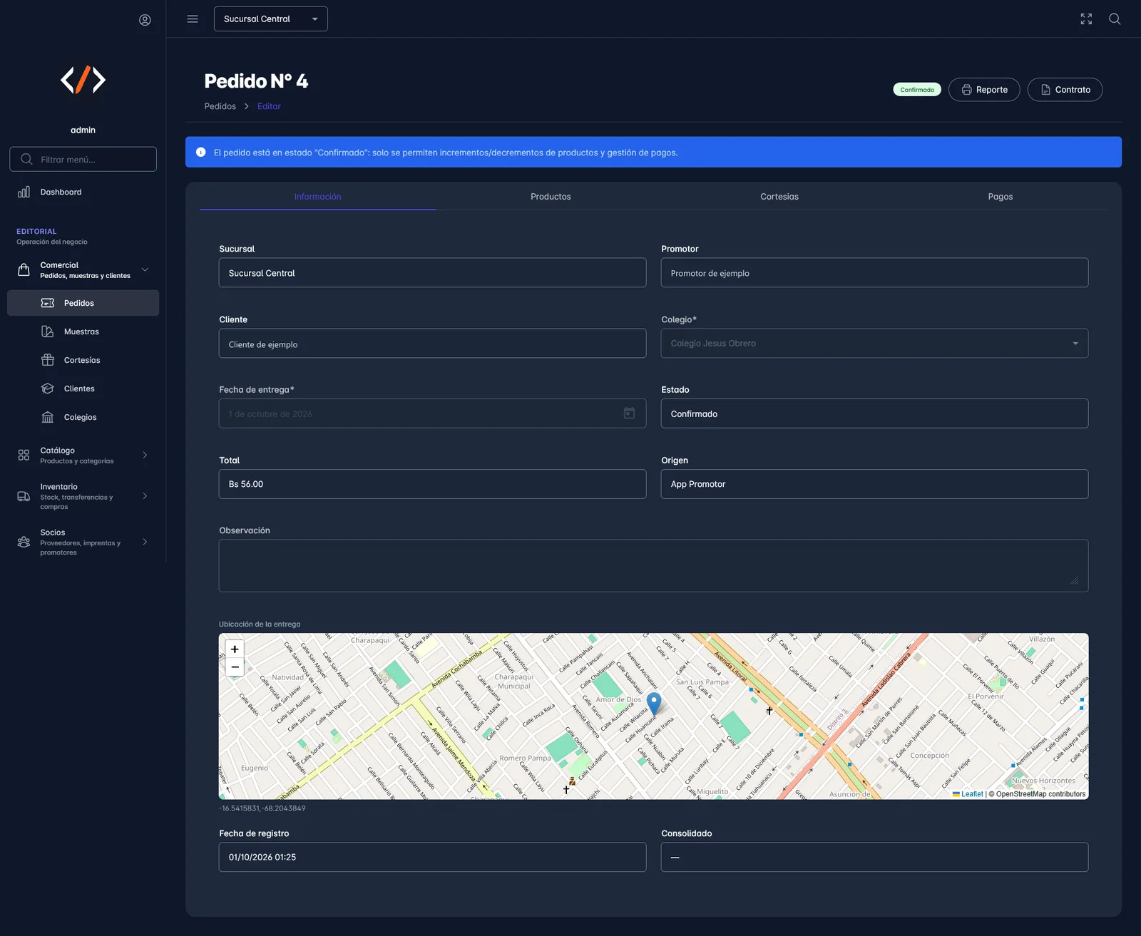 Ficha de un pedido confirmado en el backoffice con mapa de la ubicación de entrega