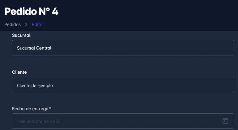 Pedido confirmado en el backoffice con sus pestañas de información, productos, cortesías y pagos