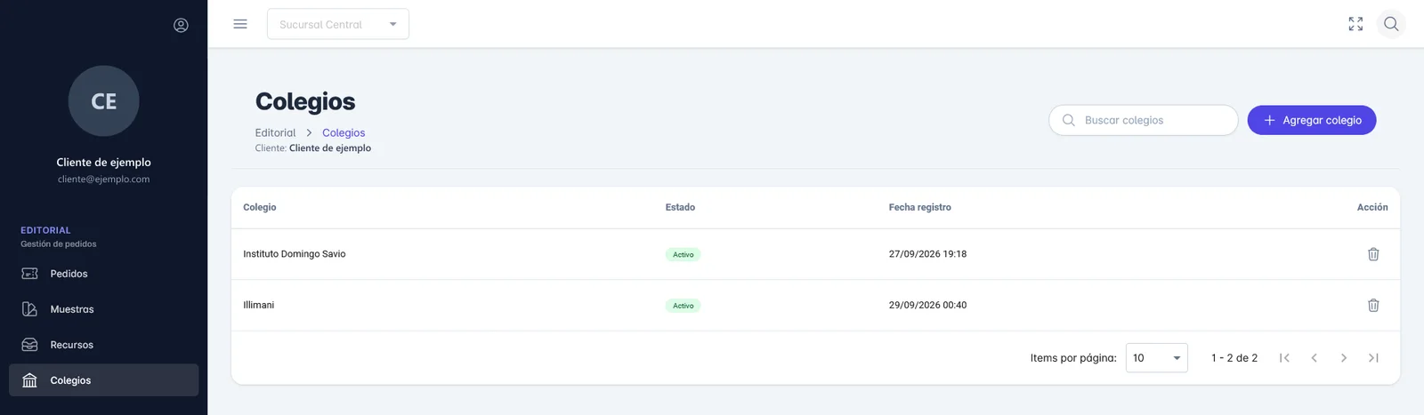 Portal de clientes con la lista de colegios del cliente